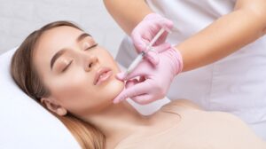 cosmetologist making an injection to a woman