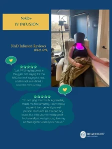 Patient receiving NAD+ IV infusion with glowing purple light on face, accompanied by positive reviews.