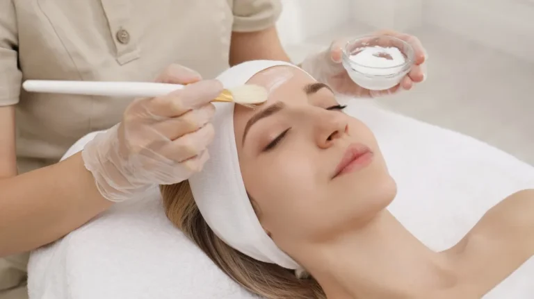 Aesthetician wearing gloves applying facial cream with a brush to a woman's forehead.