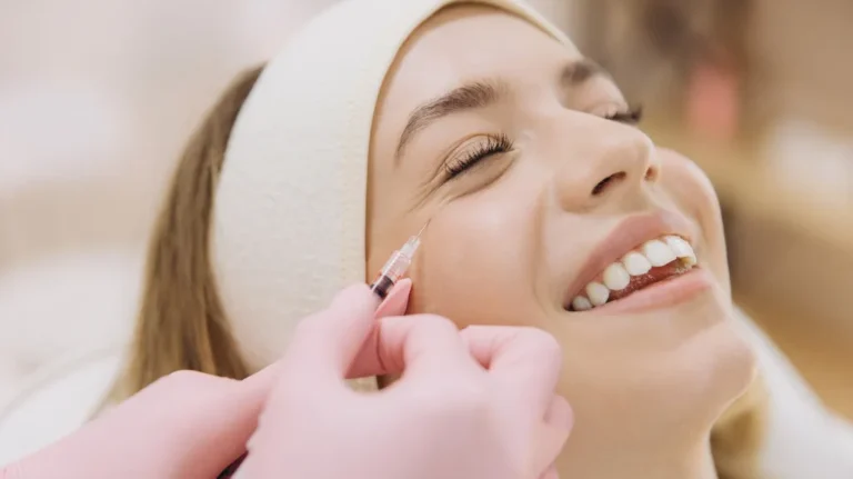 Close-up of a woman receiving a cosmetic injection near her eye, wearing a white headband.